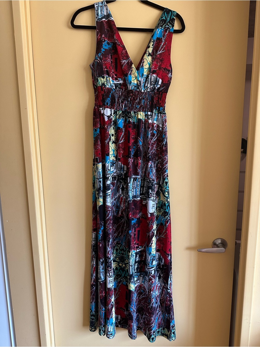 Just Love Red and Blue Abstract V-Neck Maxi Dress